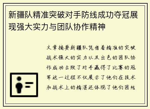 新疆队精准突破对手防线成功夺冠展现强大实力与团队协作精神