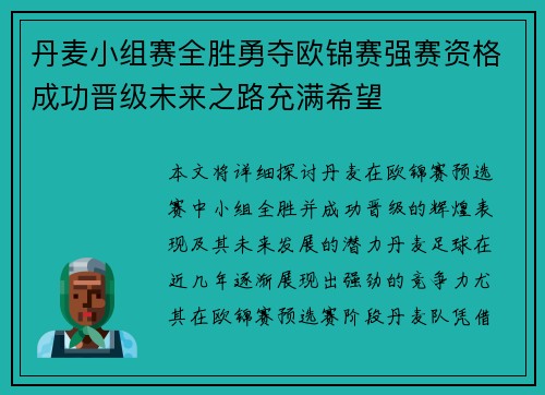 丹麦小组赛全胜勇夺欧锦赛强赛资格成功晋级未来之路充满希望