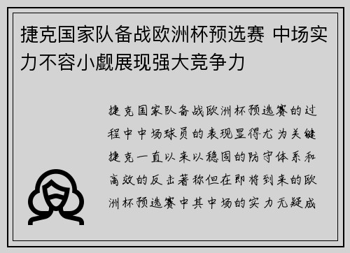 捷克国家队备战欧洲杯预选赛 中场实力不容小觑展现强大竞争力