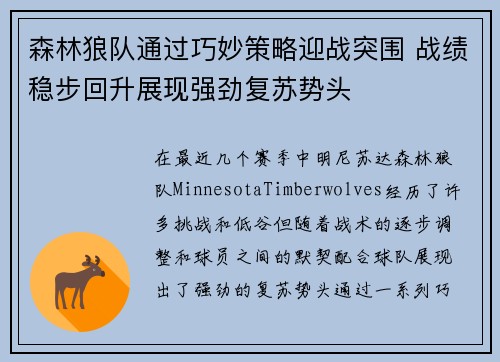 森林狼队通过巧妙策略迎战突围 战绩稳步回升展现强劲复苏势头