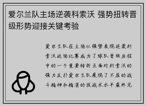 爱尔兰队主场逆袭科索沃 强势扭转晋级形势迎接关键考验