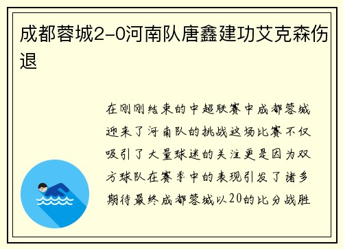 成都蓉城2-0河南队唐鑫建功艾克森伤退