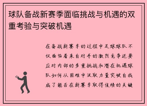 球队备战新赛季面临挑战与机遇的双重考验与突破机遇