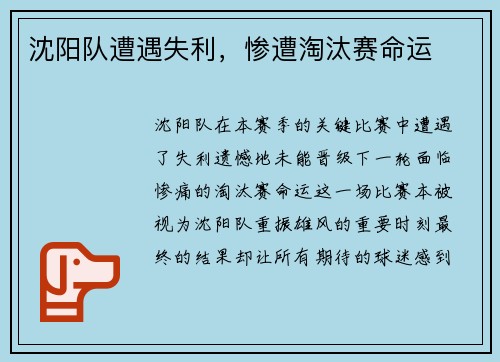沈阳队遭遇失利，惨遭淘汰赛命运