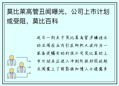 莫比莱高管丑闻曝光，公司上市计划或受阻，莫比百科