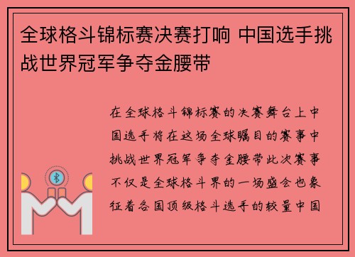 全球格斗锦标赛决赛打响 中国选手挑战世界冠军争夺金腰带