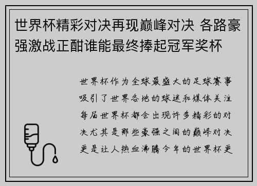 世界杯精彩对决再现巅峰对决 各路豪强激战正酣谁能最终捧起冠军奖杯