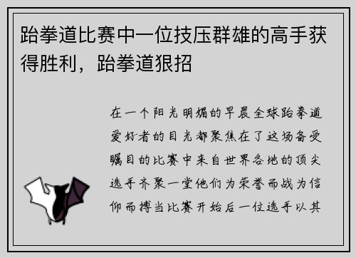 跆拳道比赛中一位技压群雄的高手获得胜利，跆拳道狠招